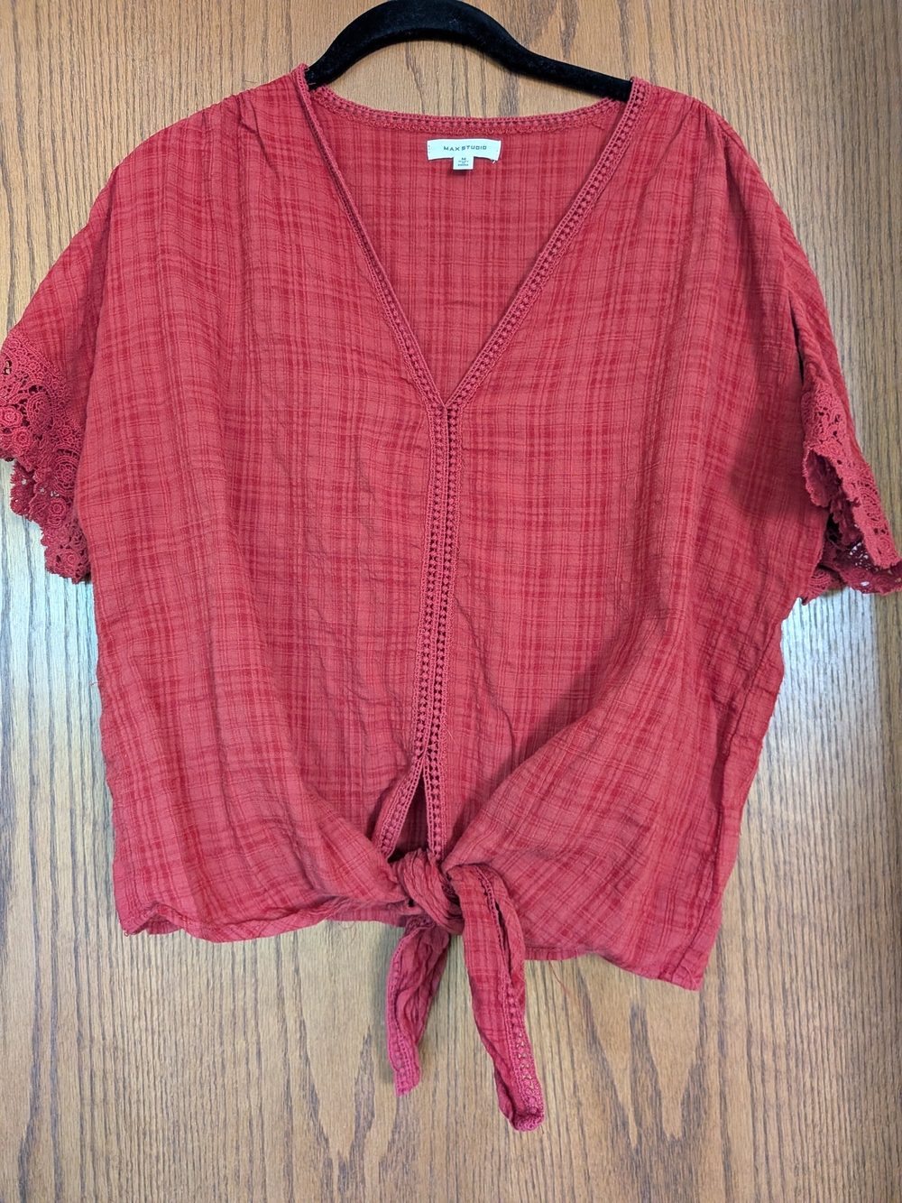 Max Studio Red Tie-Front Cotton Blend V-Neck Top